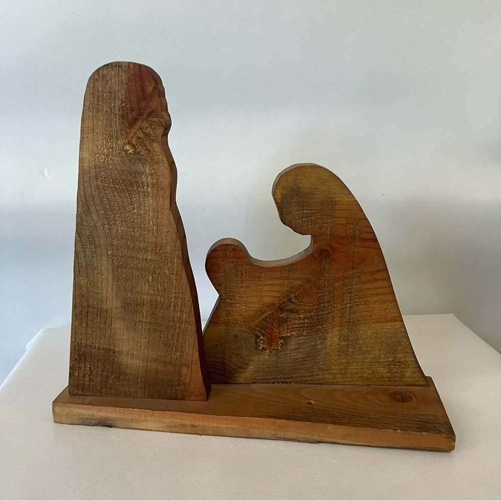Vintage Handmade Wood Nativity Unto the World a Child is Born Painted Rustic